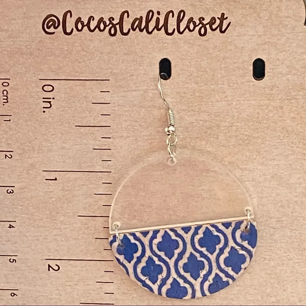 Moroccan Design Cork & Clear Acrylic Circular Drop Earrings NWT